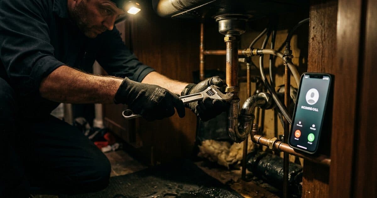 A plumber tightening a pipe under a sink at night, a phone lighting up with an incoming call nearby