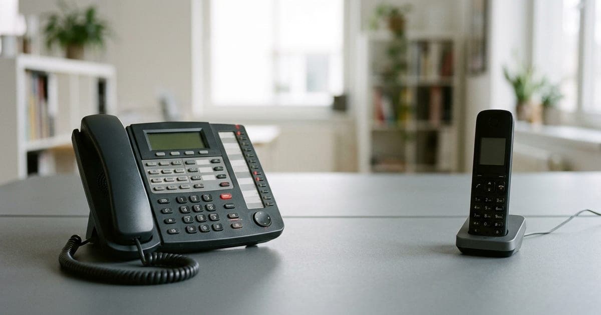 Two telephones on a desk, one a multi-line office handset with many buttons and one a single sleek handset