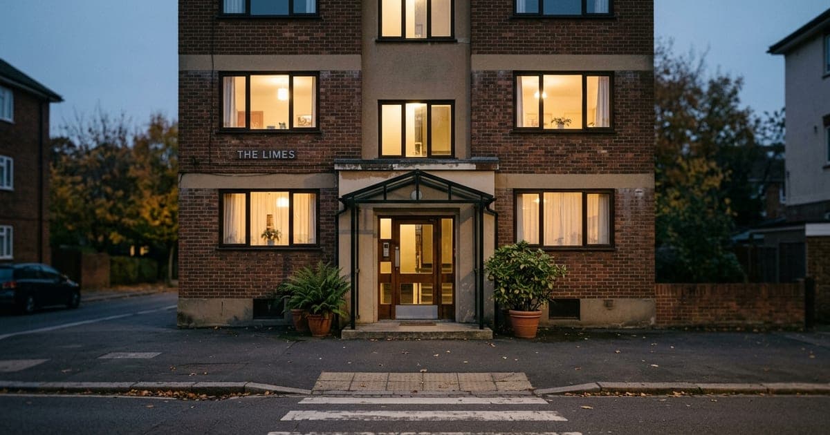 An apartment building entrance at dusk with lit windows above