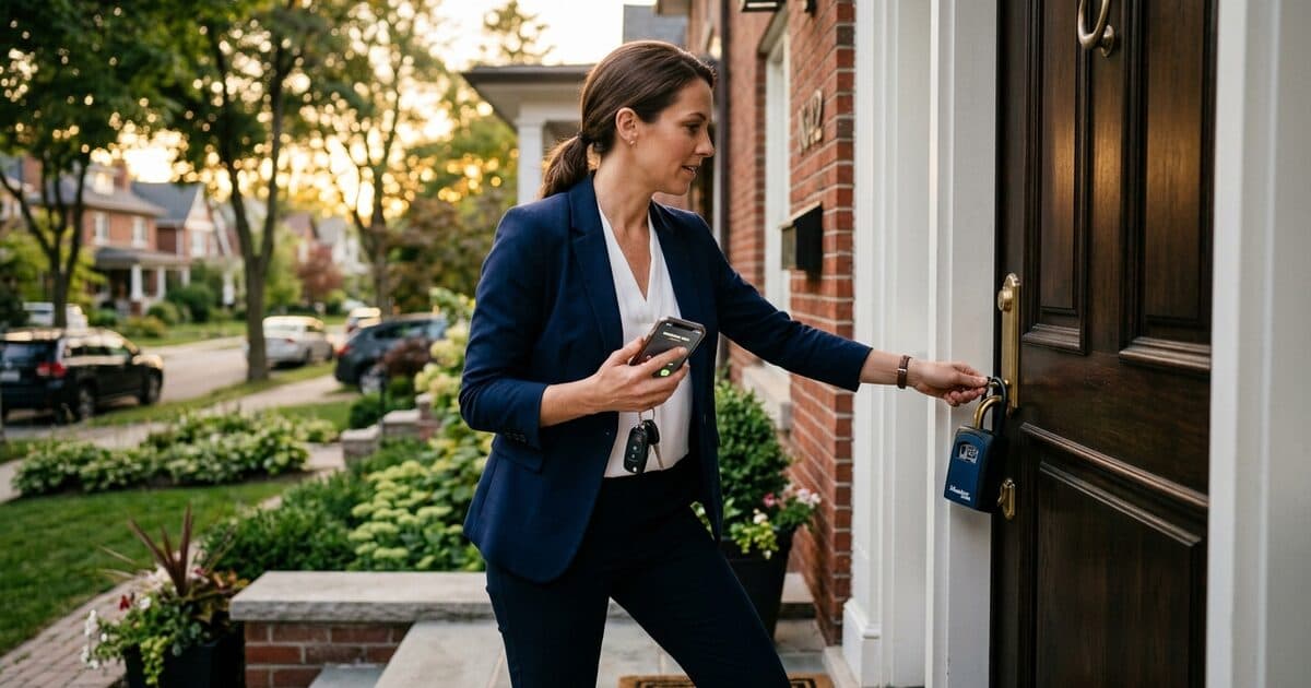 A real estate agent locking a front door after a showing while her phone rings with a new buyer call