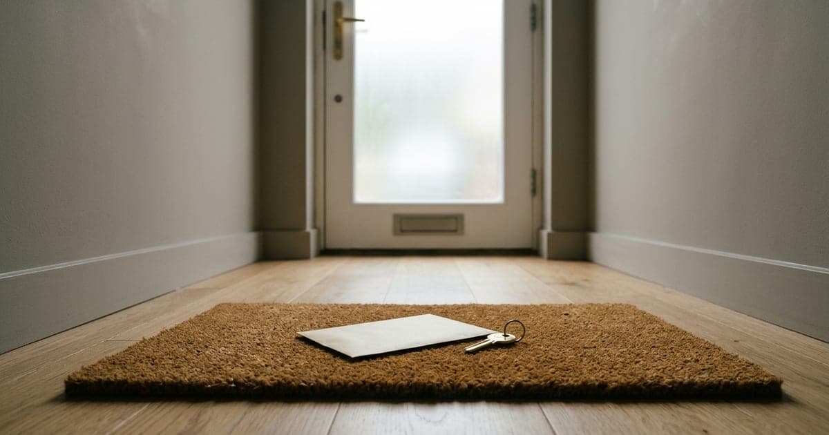 An unopened welcome envelope and a new key resting on a doormat inside a quiet front door in morning light