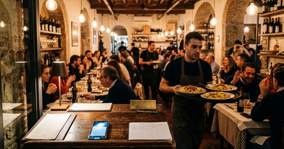A busy trattoria during dinner service with a phone lighting up at the unattended host stand