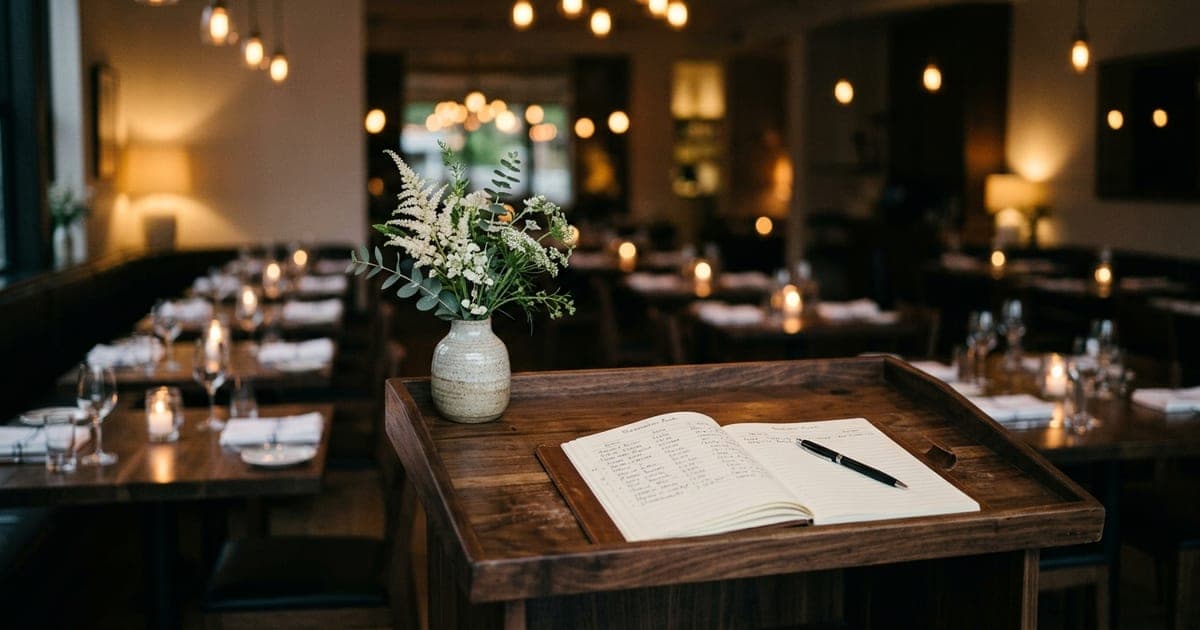 Restaurant host stand with a reservation book beside a dining room at service time