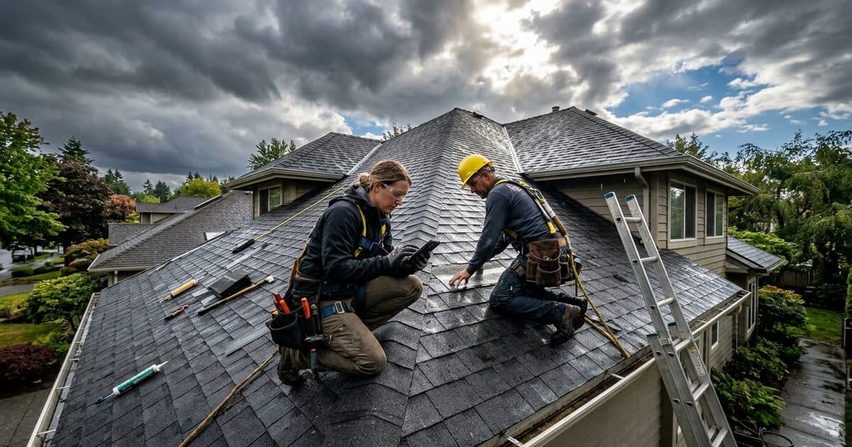 Two roofers inspecting a shingled roof under a stormy sky, one checking a phone, a ladder against the gutter