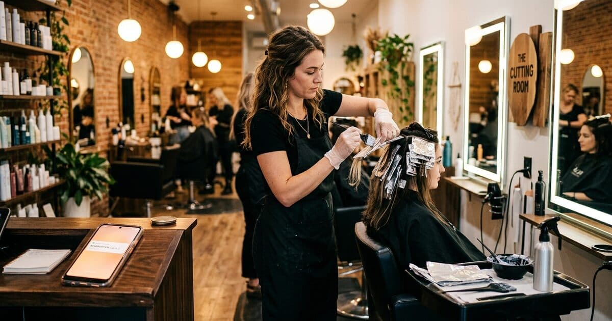 A stylist mid-foil on a client in a small salon while a phone lights up at the reception counter