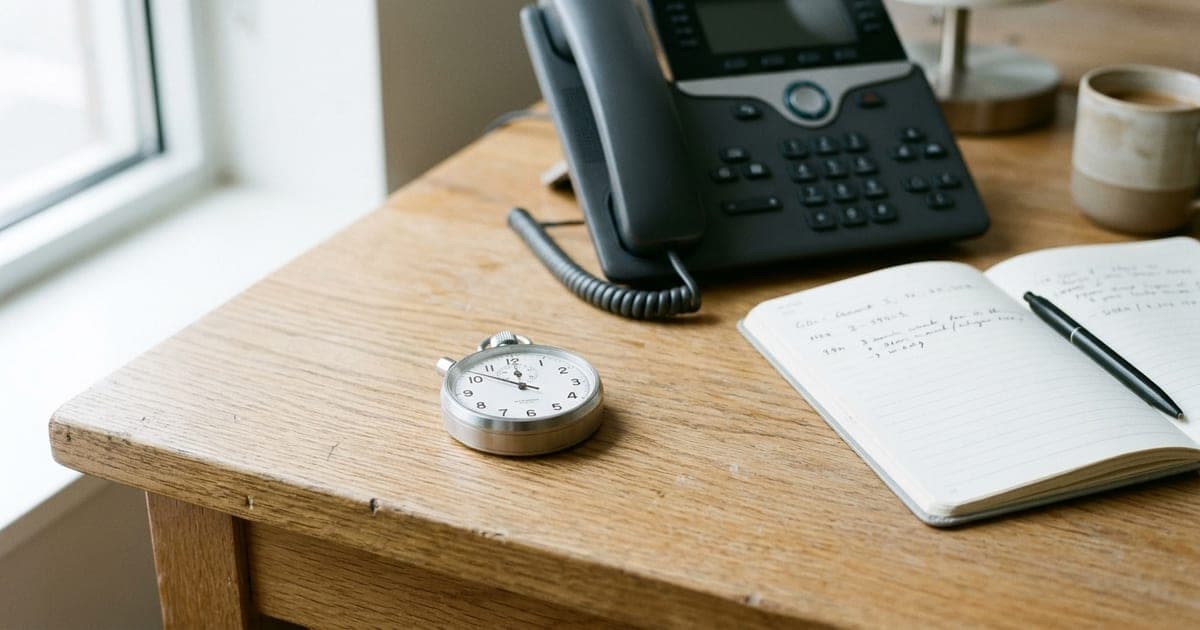 A stopwatch resting beside a desk telephone and an open notebook on a pale wooden desk