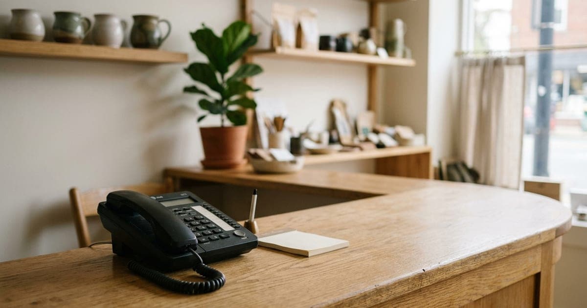 A desk telephone on a small business counter with the shop out of focus behind