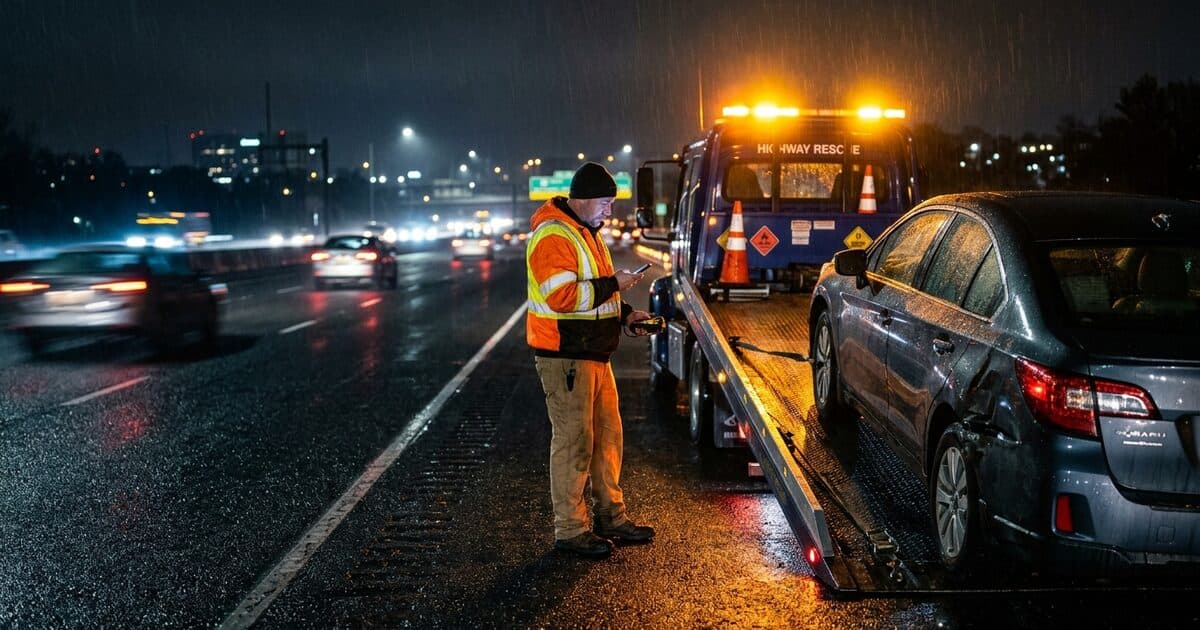 A tow truck driver checking his phone beside a flatbed on a rainy highway shoulder at night