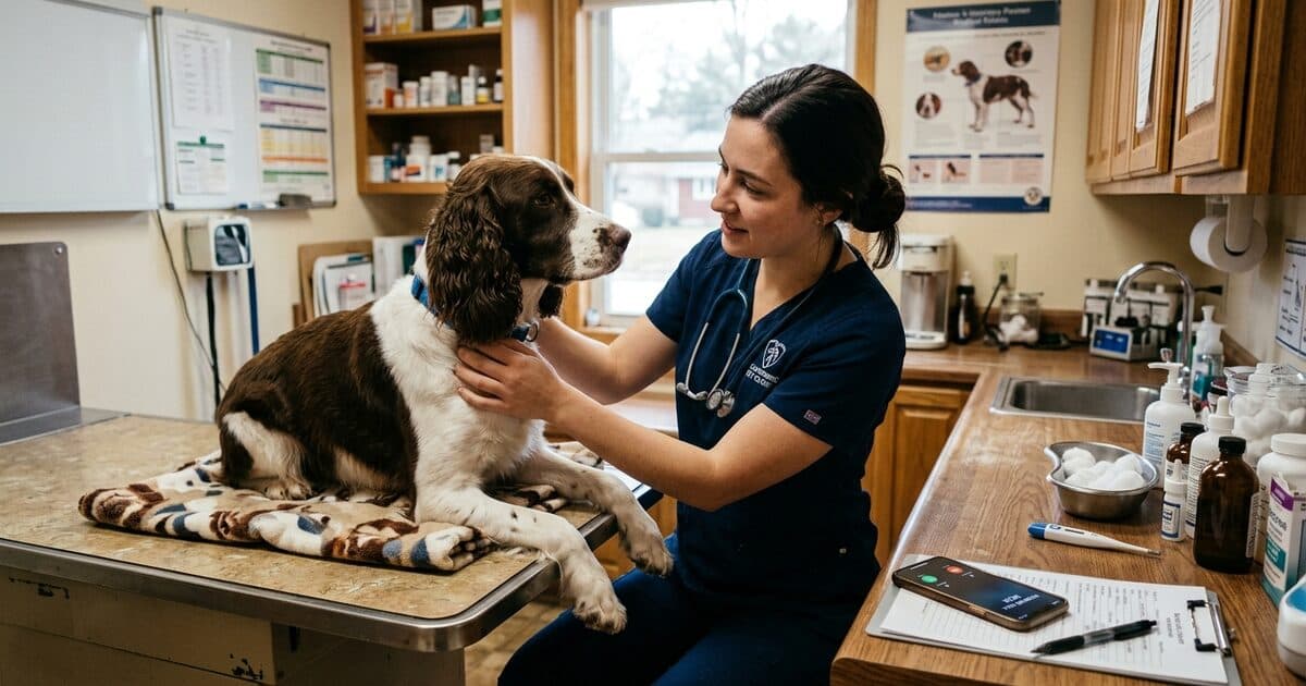 A vet nurse soothing a spaniel on an exam table while a phone lights up with an incoming call