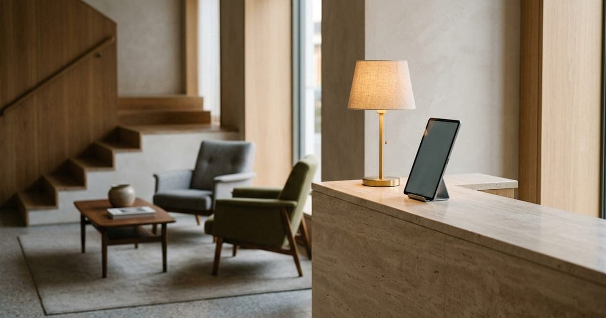 Small hotel lobby with an unattended reception desk and a tablet on the counter