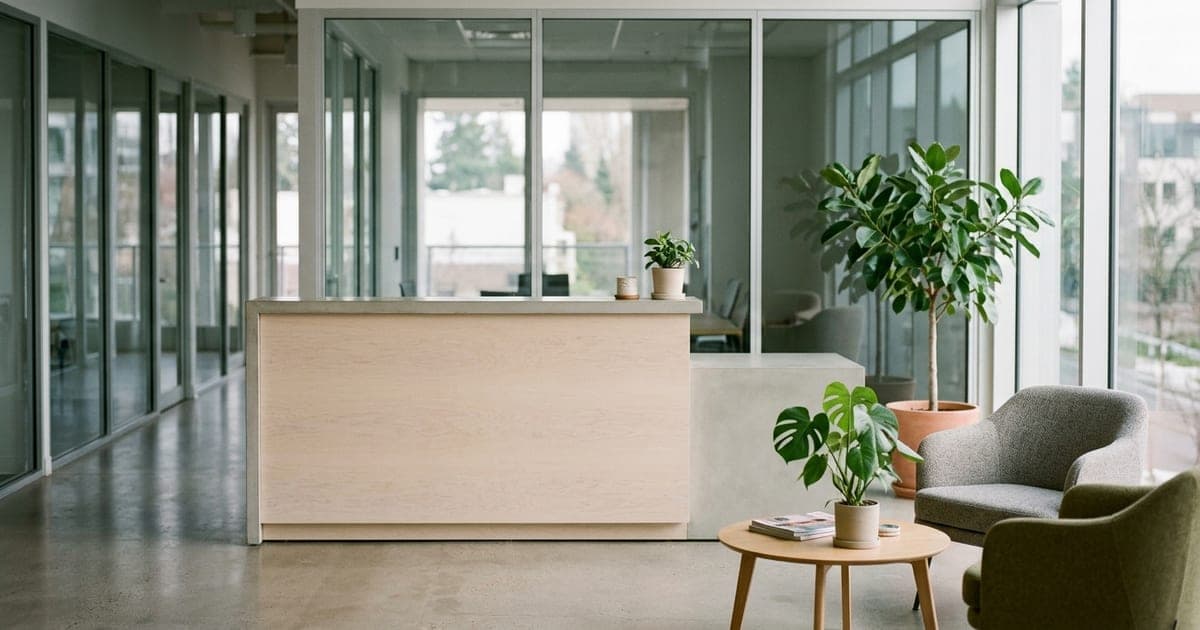 A shared workspace reception area with an empty desk and morning light
