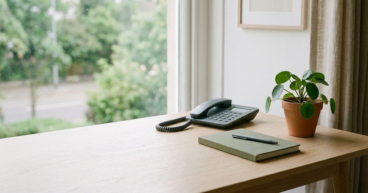 A tidy home office desk with a telephone and notebook beside a window