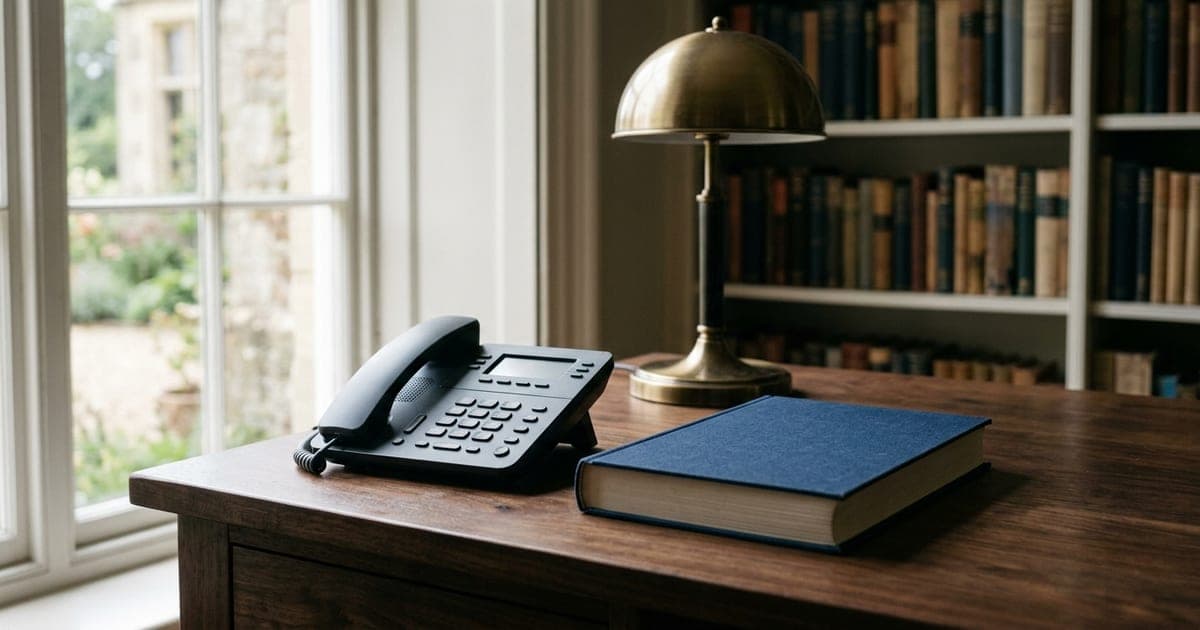 A desk telephone on a wooden desk beside a closed hardback statute book and a brass desk lamp in soft daylight
