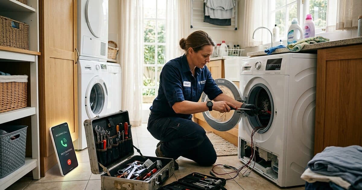 A technician repairing a washing machine in a laundry room while a phone lights up with an incoming call