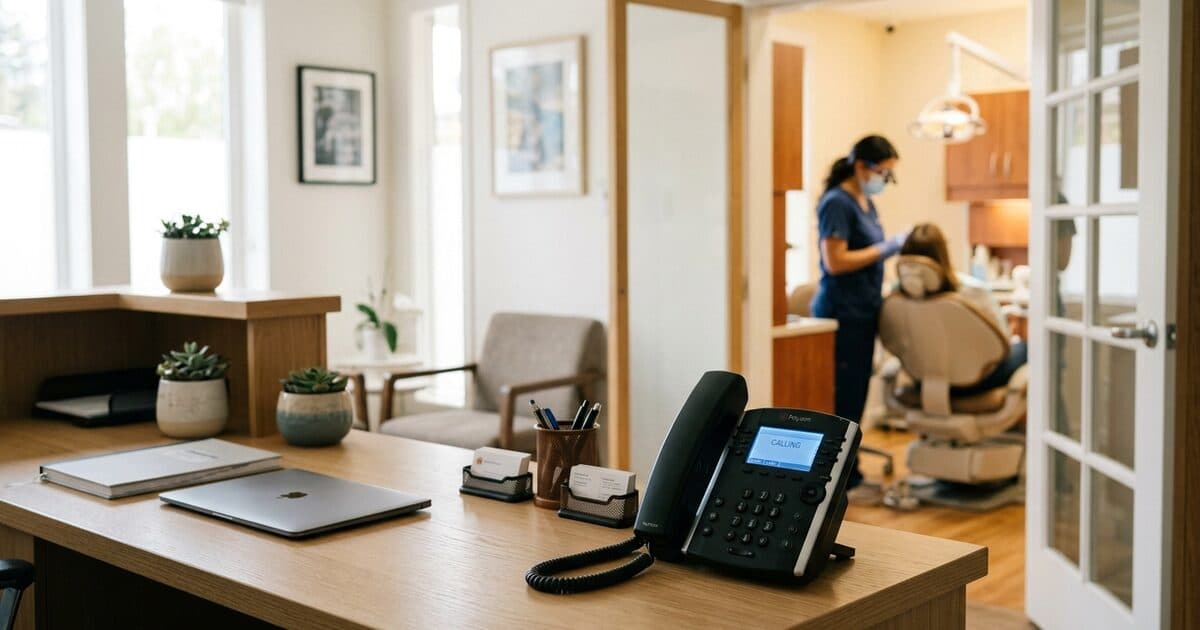 A dental practice reception desk with a ringing phone, a dentist with a patient blurred through a doorway behind