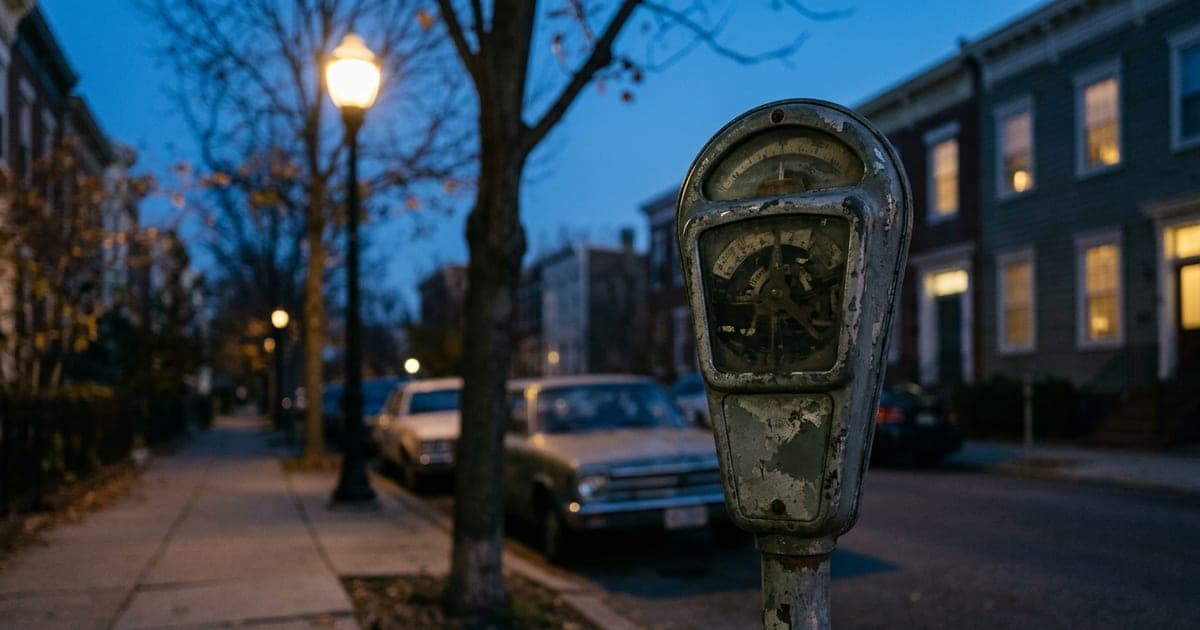 A coin-operated parking meter on a quiet street as the streetlights begin to glow