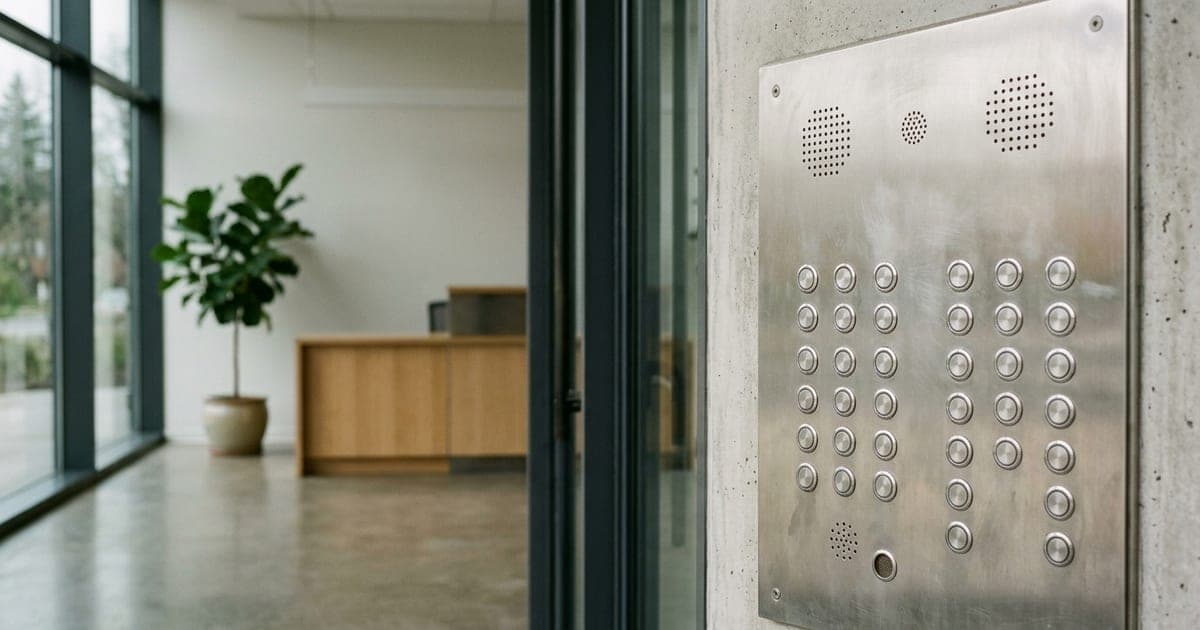 A brushed-steel building intercom panel beside glazed entrance doors in daylight