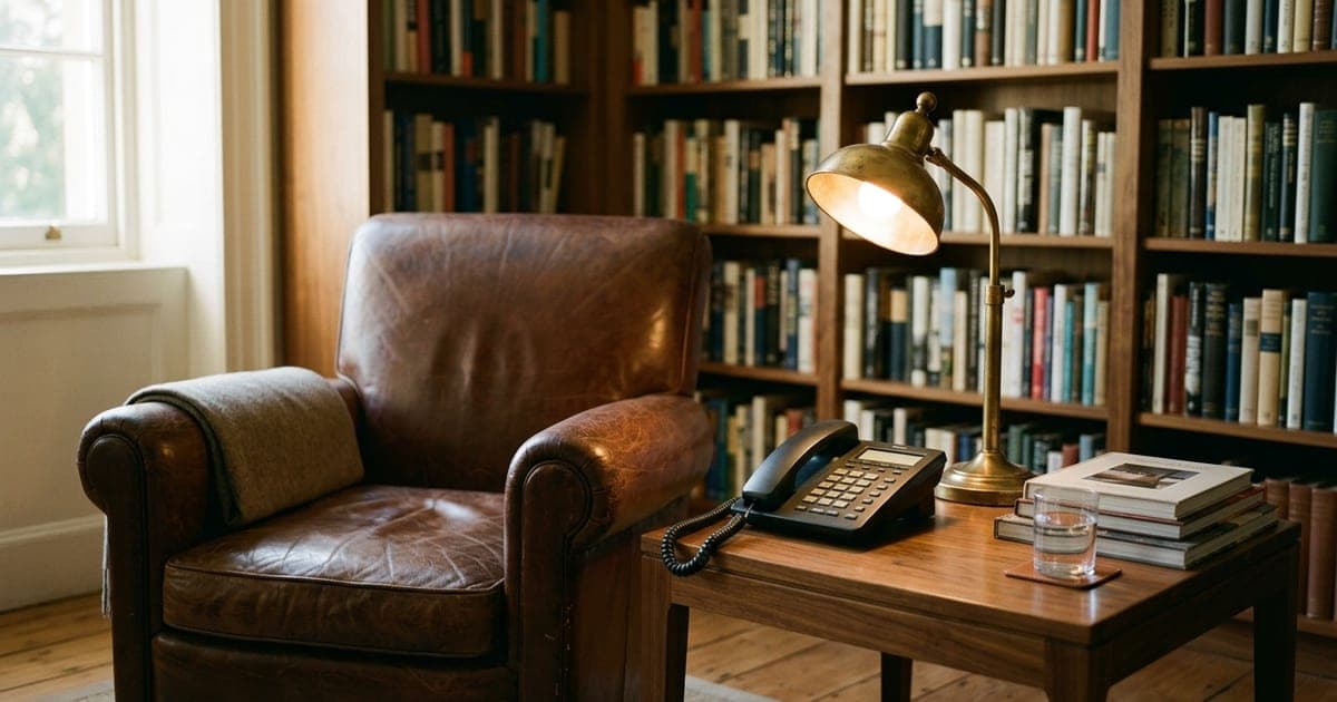 A leather armchair and lit brass lamp beside a telephone on a walnut side table