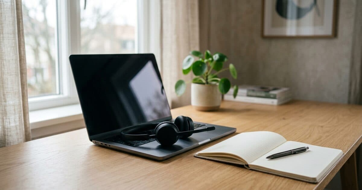 A headset resting on a laptop at a tidy home-office desk in soft window light
