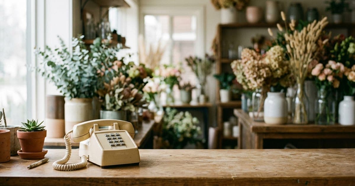 A desk telephone on a small shop counter in soft daylight